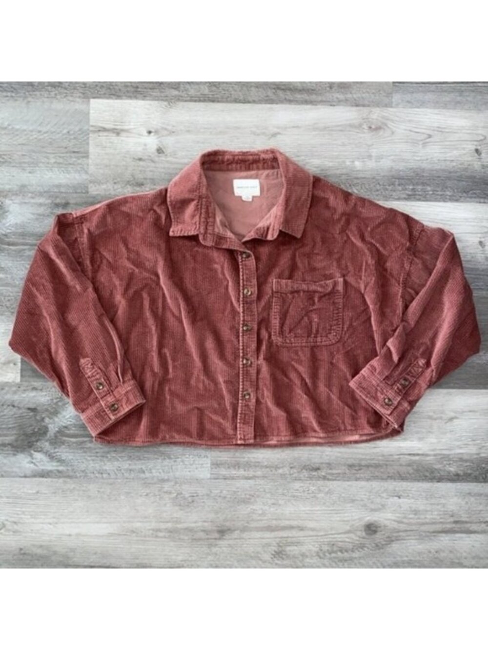 American Eagle Cotton Shirt Corduroy Top Warm Rust Brown Wide Wale Crop Sz Large